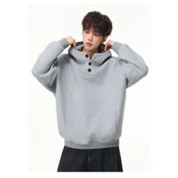 Autumn Winter New Button Half High Neck Hoodie for Men Korean Fashion Harajuku Simple Solid Men's Casual Loose Hooded Sweatshirt