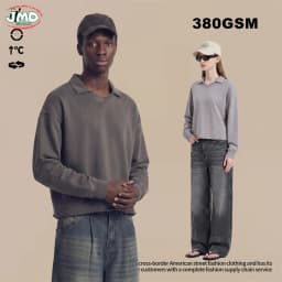 JMD Retro Autumn 380gsm Washed Cotton Boxyfit Sweatshirt For Man Unisex Old Money Style V Neck Turn Down Collar Pullovers QH0153
