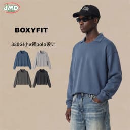 JMD Retro Autumn 380gsm Washed Cotton Boxyfit Sweatshirt For Man Unisex Old Money Style V Neck Turn Down Collar Pullovers QH0153