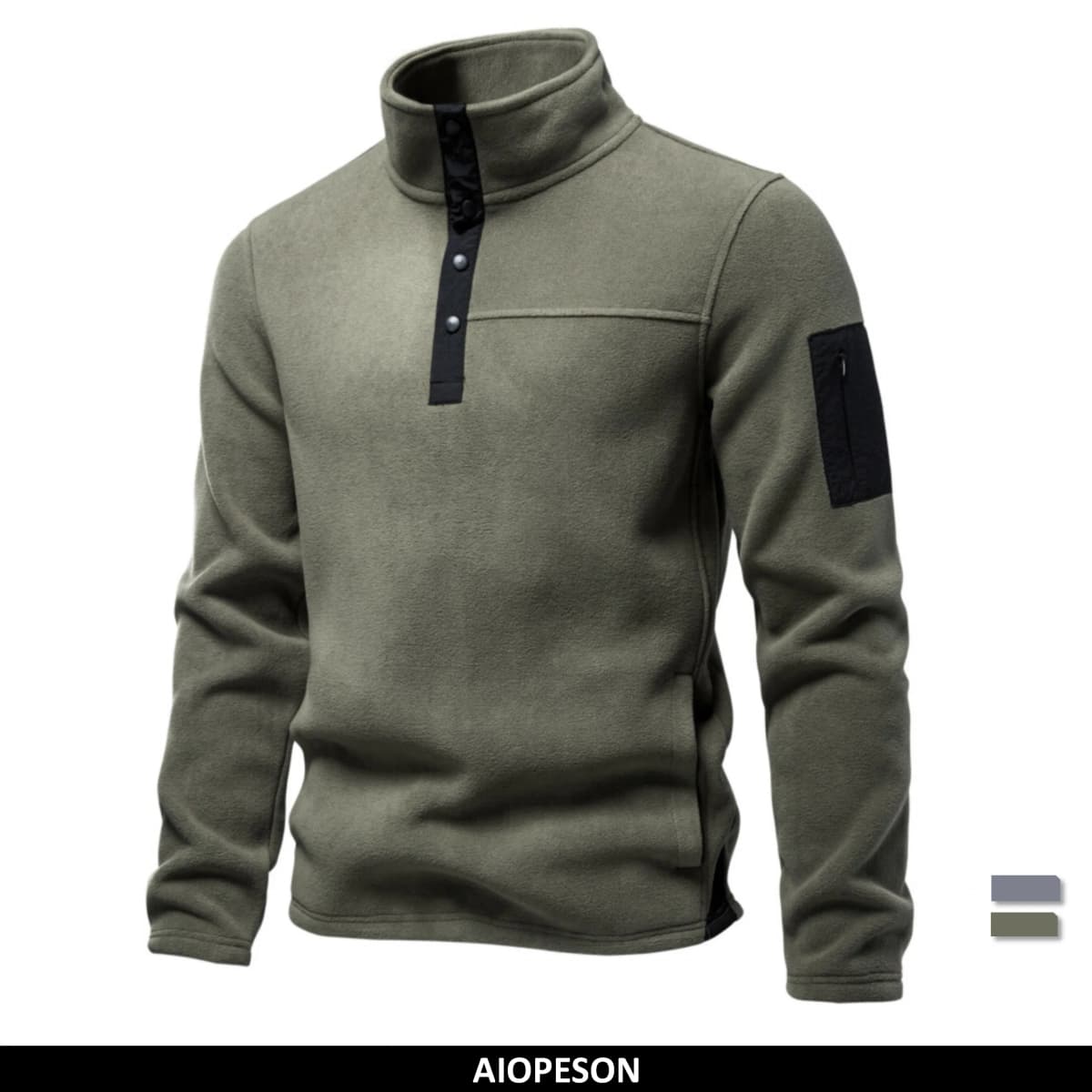 AIOPESON Men's Fleece Multi Pocket Sweatshirt Stand Collar Snap Button Solid Casual Outdoor Pullover Fall Winter Warm for Men