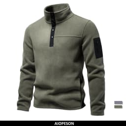 AIOPESON Men's Fleece Multi Pocket Sweatshirt Stand Collar Snap Button Solid Casual Outdoor Pullover Fall Winter Warm for Men