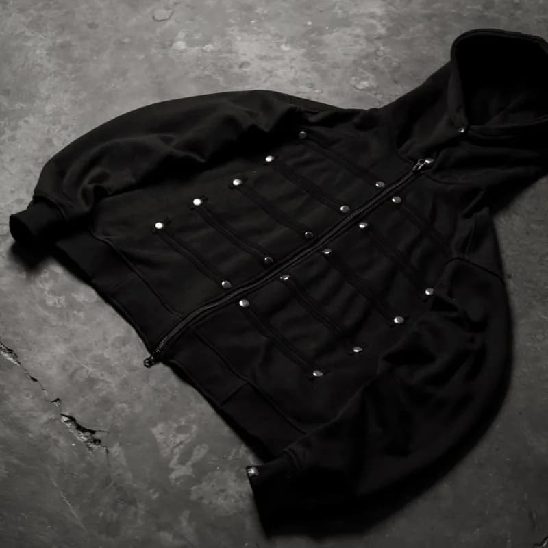 American High Street Punk Style Button Decoration Zipper Hoodie Men's Y2k Fashion Casual Loose Hooded Sweatshirt Streetwear