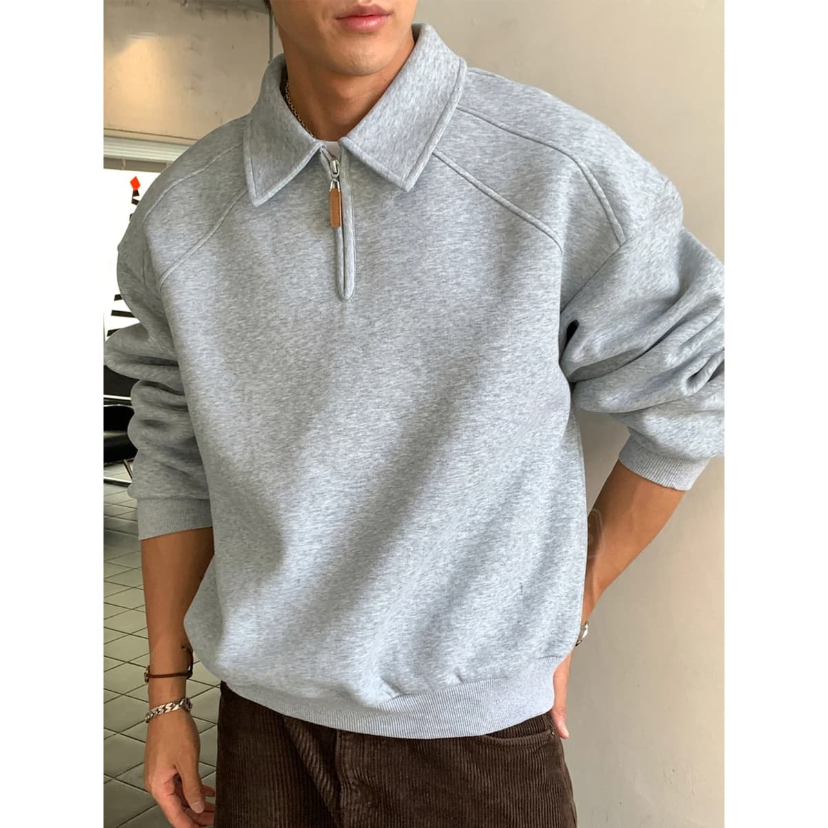 TFETTERS Eu Size 2026 Men Half Zip Collared Sweatshirt Autumn Heather Gray Pullover Loose Fit Casual Daily Long Sleeve Sweat Top