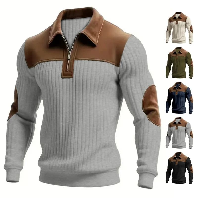 Style Knitted Pullover With A Turned-up Collar Patchwork Embroidery Casual Office And Sporty Style With A Zipper On The Front