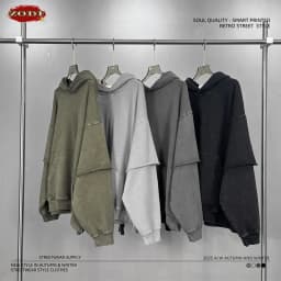 ZODF New Autumn Men's Washed Heavy Weight Cotton Hoodies Unisex Retro Fake 2 Peice 430gsm Loose Edge Hooded Pullovers HY1082