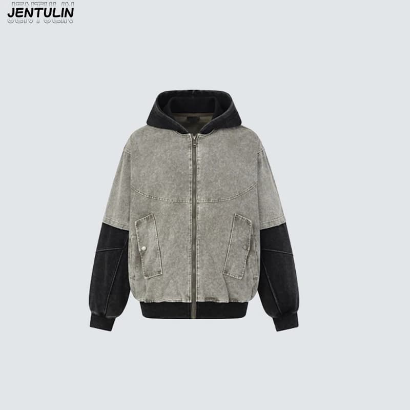 American Style Fake TwoPiece Spliced Sweatshirt Jacket Hooded Distressed Washed Contrasting Top High Street Heavyweight Cardigan