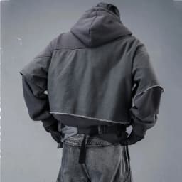 Fake Two Piece Ripped Hole Punk Vintage Hoodie Man Winter Warm Thicken Fleece Gothic Techwear Sweatshirt