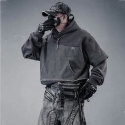 Fake Two Piece Ripped Hole Punk Vintage Hoodie Man Winter Warm Thicken Fleece Gothic Techwear Sweatshirt