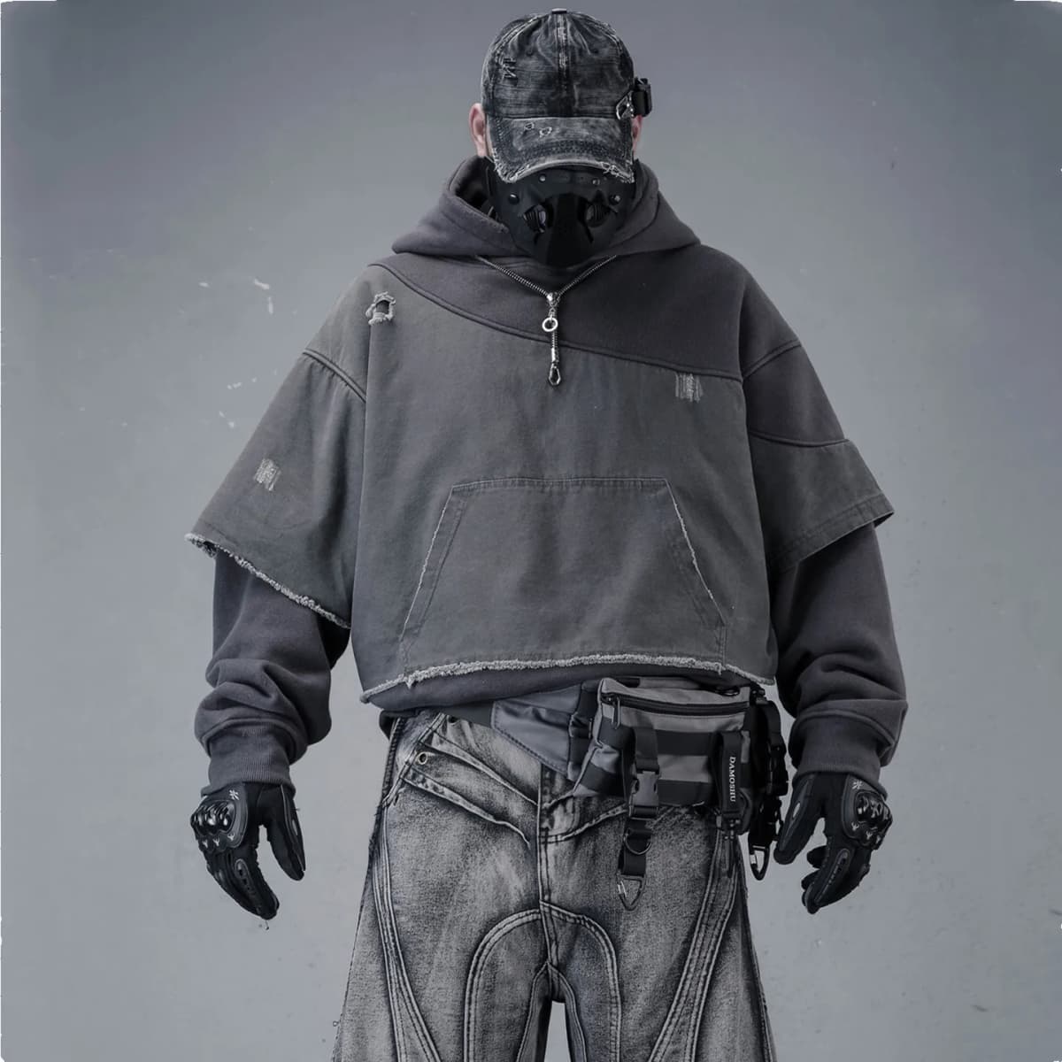 Fake Two Piece Ripped Hole Punk Vintage Hoodie Man Winter Warm Thicken Fleece Gothic Techwear Sweatshirt