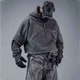 Fake Two Piece Ripped Hole Punk Vintage Hoodie Man Winter Warm Thicken Fleece Gothic Techwear Sweatshirt