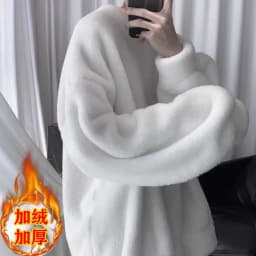 Fleece Lined Warm Sweater Winter Casual Loose Fit Men's Youth Fashion round Neck Single Color No Zipper Chinese Brand