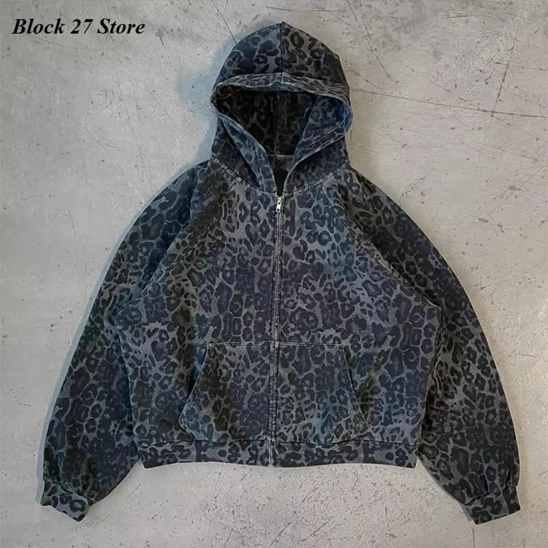 Mens Leopard Print Hoodie 2025 Autumn Winter Gothic Streetwear Zip Up Jacket Vintage Denim Kangaroo Pocket Loose Fit Fashion