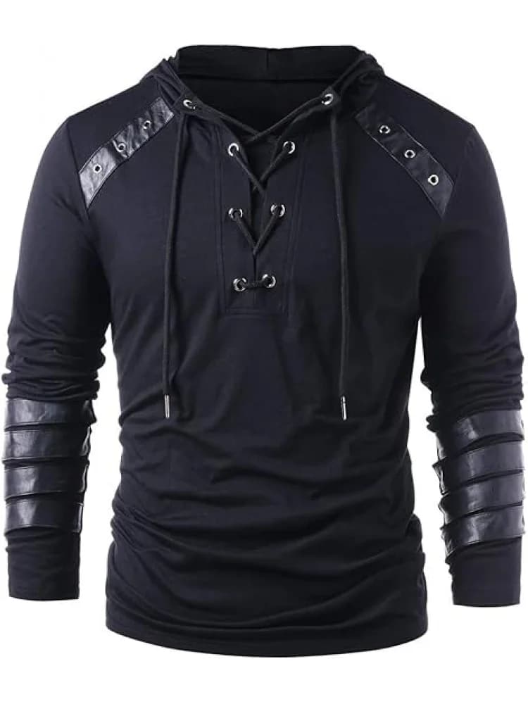 Men's Knight Drawstring Lace Up Pullover Hoodie Steampunk Long Sleeve Hooded Sweatshirt Black, Gothic Victorian Style