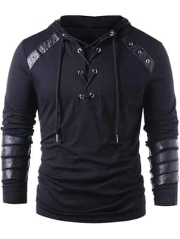Men's Knight Drawstring Lace Up Pullover Hoodie Steampunk Long Sleeve Hooded Sweatshirt Black, Gothic Victorian Style
