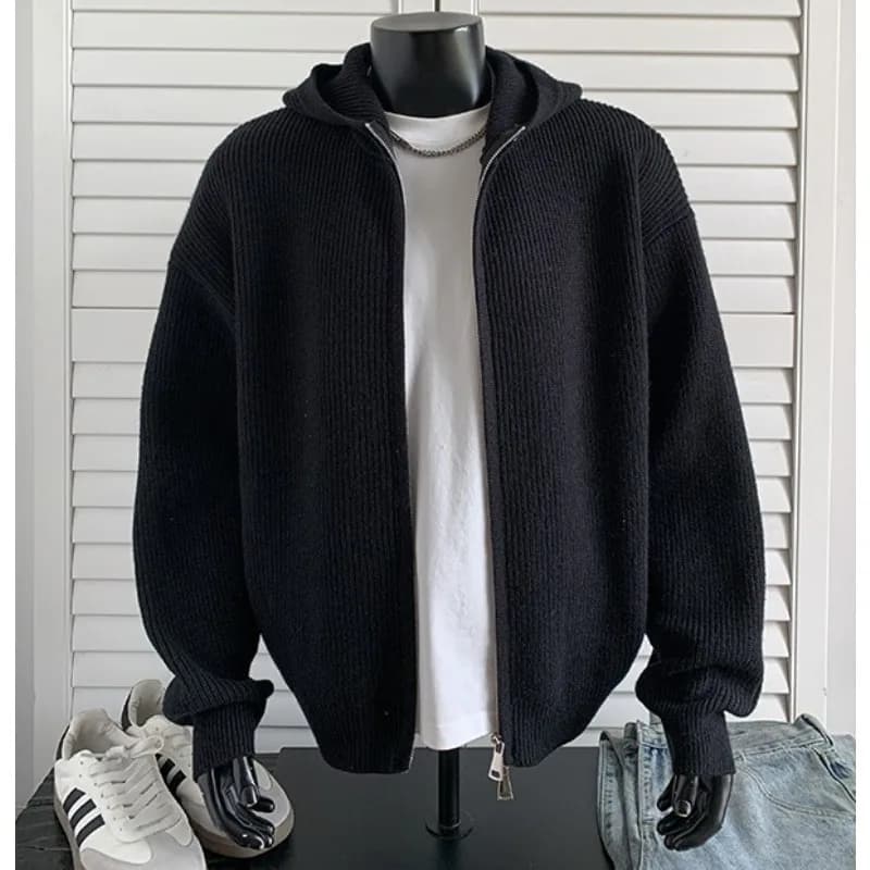 2026 New Autumn Winter Simple Solid Color Knitted Hoodie Men Japan Korean Fashion Casual Loose Double Zipper Hooded Jacket