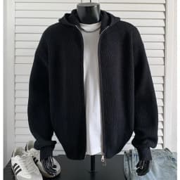 2026 New Autumn Winter Simple Solid Color Knitted Hoodie Men Japan Korean Fashion Casual Loose Double Zipper Hooded Jacket