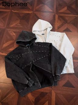 Men's Women's 2026 Autumn Trendy Solid Color Long Sleeve Hooded Sweatshirts Fashion High Street Chic Tops Beaded Hoodies Jackets