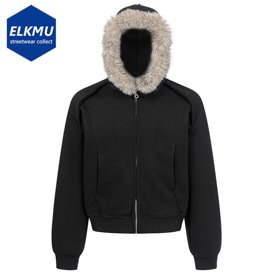 Fur Collar Hoodies Men Streetwear Harajuku Hip Hop Oversized Hoodies Jackets Casual Loose Solid Hoodie Sweatshirts
