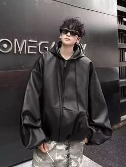 Korean Style High Street PU Leather Hooded Jacket for Men 2026 Autumn Winter New Men's Loose Zipper Hoodie Coat Japan Streetwear