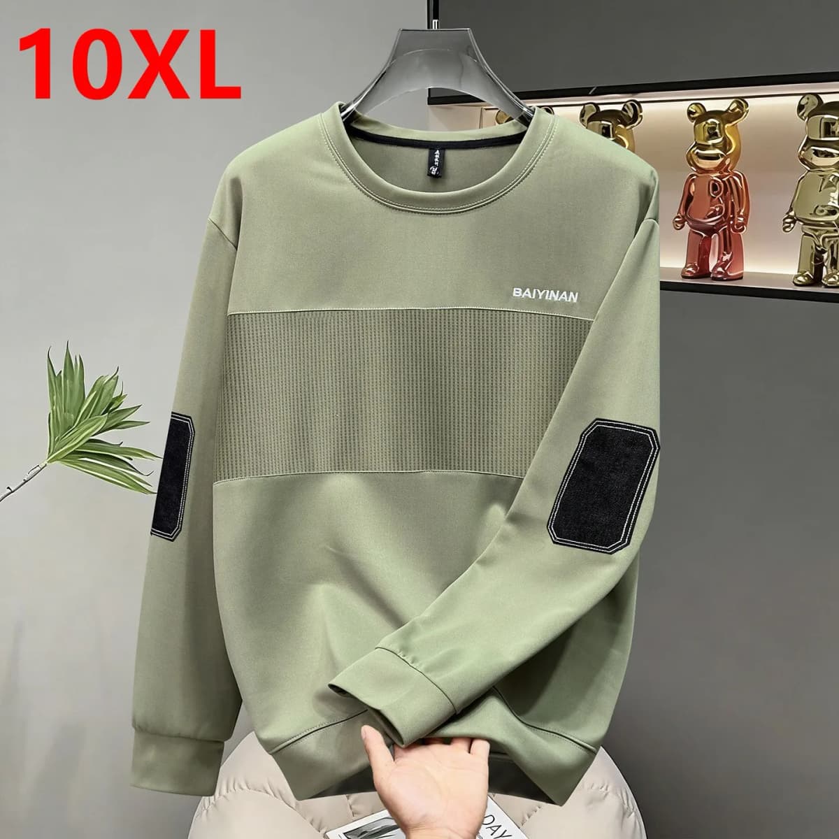 Plus Size Men Autumn Sweatshirt Embroidered Lettering Spliced Design Trendy Patchwork Color Block Crew Neck Casual Top170kg 10XL