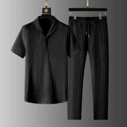 Ice Silk Casual Set Men Summer Large Size Sport Set Trendy Brand Short Sleeve Nine-Piece Pants Two-Piece Set Teenage Boy