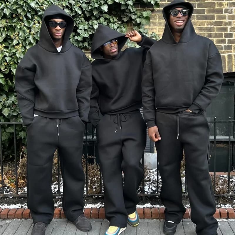 Casual Solid 2 Piece Set Hooded Pullover Straight Pants Tracksuit For Male Fashion Loose Hoodies Sweatshirt Wide Leg Sweatpants