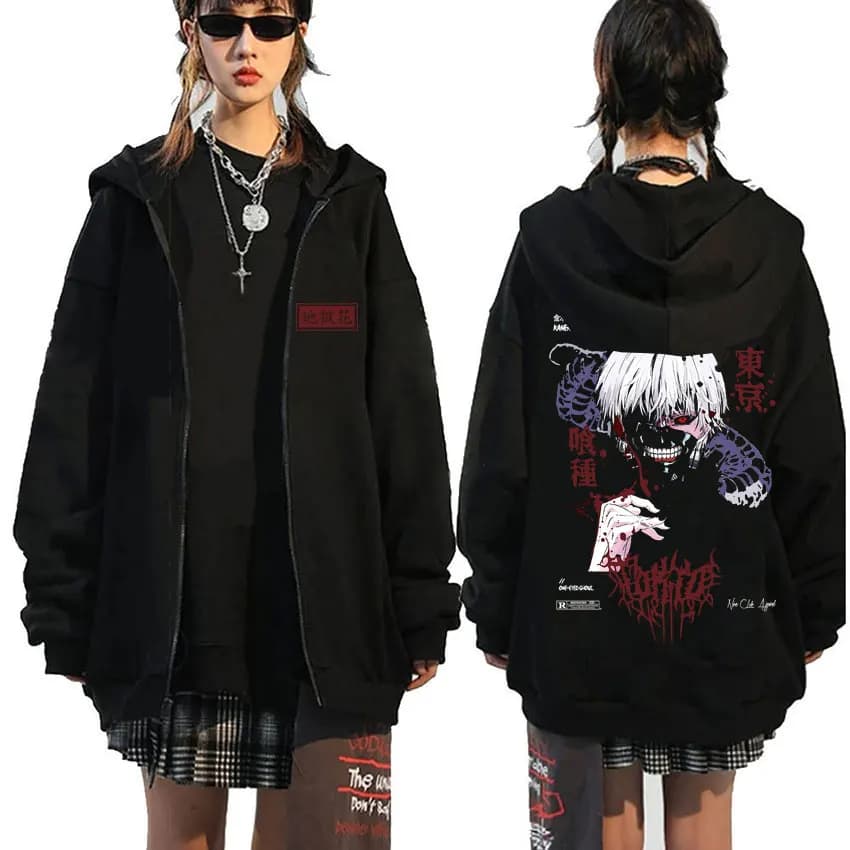 Anime Tokyo Ghoul Kaneki Ken Spider Lily Print Zipper Hoodie Unisex Hooded Sweatshirt Men Manga Oversized Zip Up Hoodies Jackets