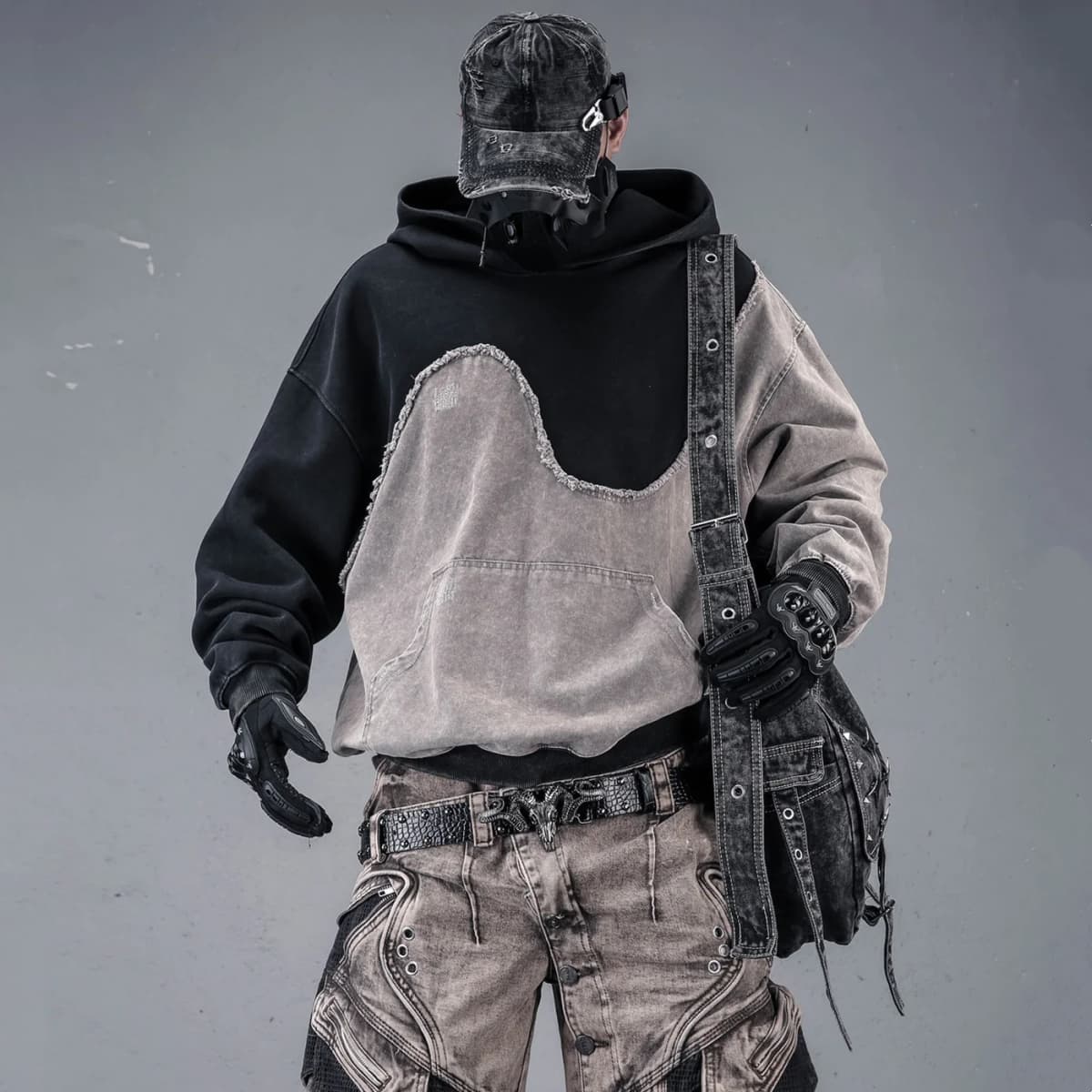 Contrast Color Patchwork Techwear Style Casual Hoodies Man Autumn Tactical Function Washed Distressed Design Long Sleeve Tops