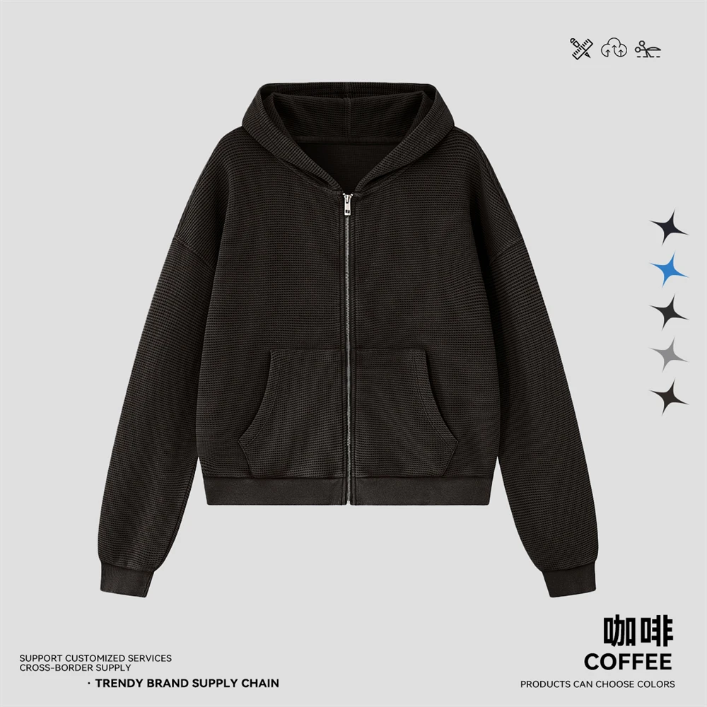 JMD Trendy Autumn Men 390gsm Waffle Zipper Hoodies Unisex Casual Old Money Style Boxyfit Solid Hooded Jacket Coat QH0168