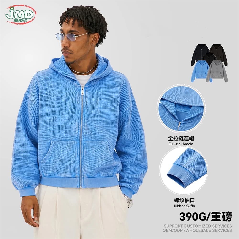 JMD Trendy Autumn Men 390gsm Waffle Zipper Hoodies Unisex Casual Old Money Style Boxyfit Solid Hooded Jacket Coat QH0168