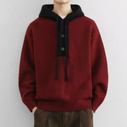Korean Men's Knitted Hoodie Pullover 2026 Autumn Winter New Collection Color Blocked Half Open Collar Thick Hooded Sweatshirt