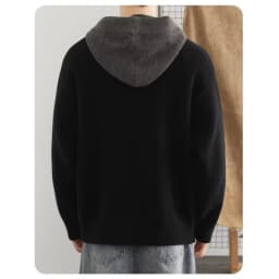 Korean Men's Knitted Hoodie Pullover 2026 Autumn Winter New Collection Color Blocked Half Open Collar Thick Hooded Sweatshirt
