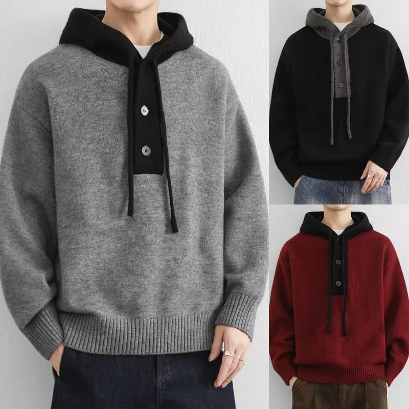 Korean Men's Knitted Hoodie Pullover 2026 Autumn Winter New Collection Color Blocked Half Open Collar Thick Hooded Sweatshirt