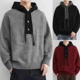 Korean Men's Knitted Hoodie Pullover 2026 Autumn Winter New Collection Color Blocked Half Open Collar Thick Hooded Sweatshirt