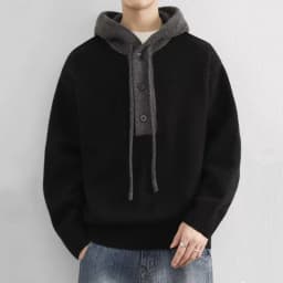 Korean Men's Knitted Hoodie Pullover 2026 Autumn Winter New Collection Color Blocked Half Open Collar Thick Hooded Sweatshirt