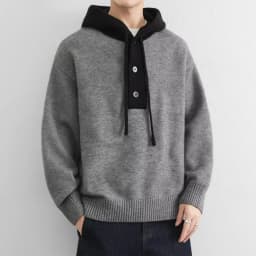 Korean Men's Knitted Hoodie Pullover 2026 Autumn Winter New Collection Color Blocked Half Open Collar Thick Hooded Sweatshirt