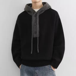 Korean Men's Knitted Hoodie Pullover 2026 Autumn Winter New Collection Color Blocked Half Open Collar Thick Hooded Sweatshirt