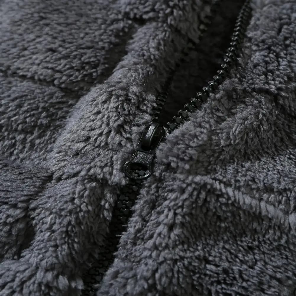 Fuzzy Men Coat Men Polyester Coat Men's Plush Hooded Jacket Fuzzy Checkered Zip-up Hoodie Warm Winter Coat for Casual Streetwear