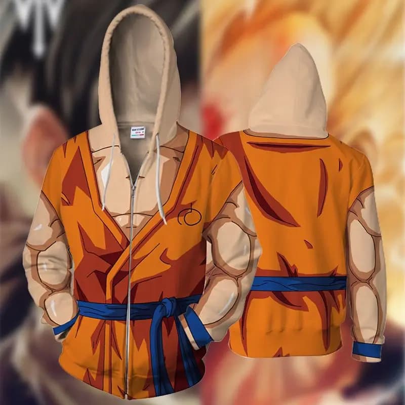 Dragon Ball Z Goku Anime 3D Print Hoodie, Unisex Pullover Zip Up Sweatshirt Cosplay Costume for Teens, Cool Graphic Streetwear