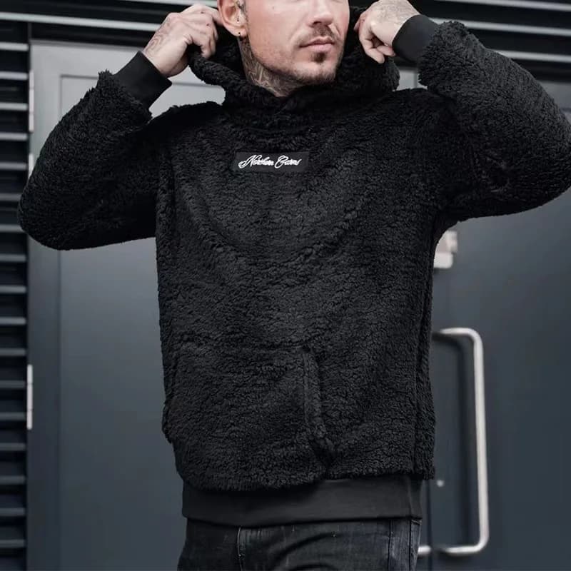 Men O-neck Plush Hoodies Soft Solid Letter Print Male Casual Basic Flannel Warm Comfort Vintage Clothing For Man Sweatshirts