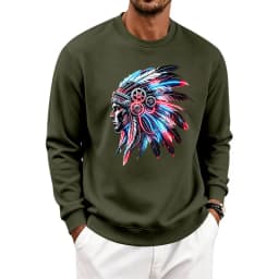 Men's Autumn And Winter Fleece Crew Neck Sweater Feather Print Long Sleeve Top Men's