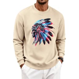Men's Autumn And Winter Fleece Crew Neck Sweater Feather Print Long Sleeve Top Men's