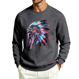 Men's Autumn And Winter Fleece Crew Neck Sweater Feather Print Long Sleeve Top Men's
