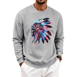 Men's Autumn And Winter Fleece Crew Neck Sweater Feather Print Long Sleeve Top Men's