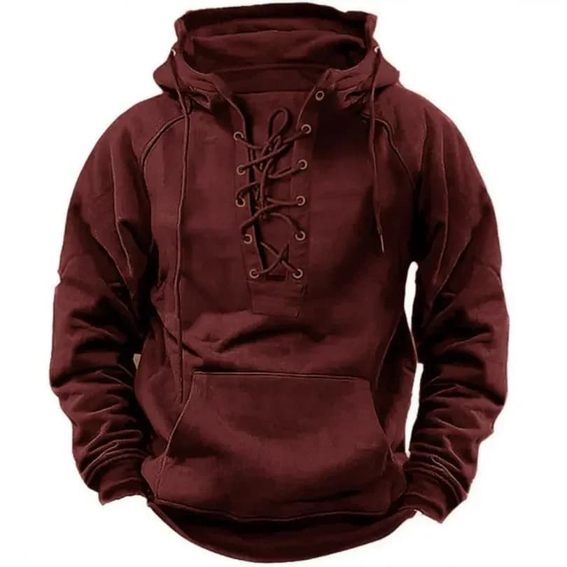 Spring And Autumn New Men's Hooded Solid Color Sweater Blue Sports Multi-Pocket Leather Sweater Tooling