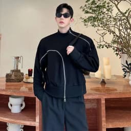 Men's Fashion Short Style Temperament Bottom Shirt Personalized Zipper Design Long Sleeve T-shirts