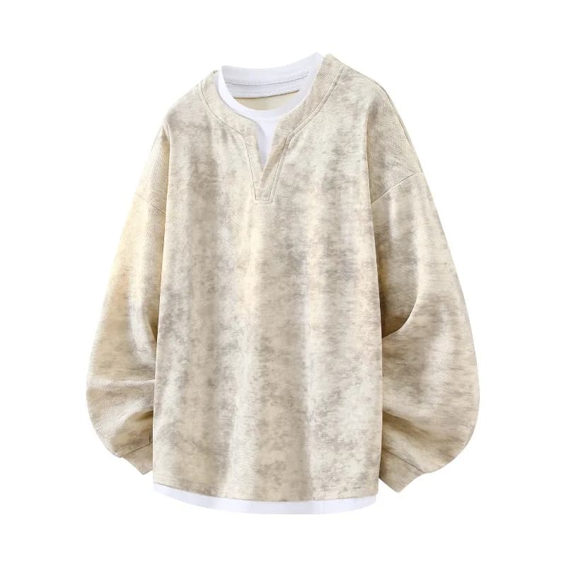 2026 Autumn New Round Neck Fake Two-piece Hoodie Korean Fashion Harajuku Tie Dye Casual Loose Long Sleeved T-shirt Sweatshirt