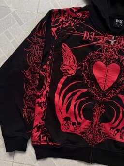 Mens Loose Long Sleeve Streetwear Hooded Sweatshirt Gothic Black Full Zip Hoodie Red Skull Heart Pattern Print and Letter Design