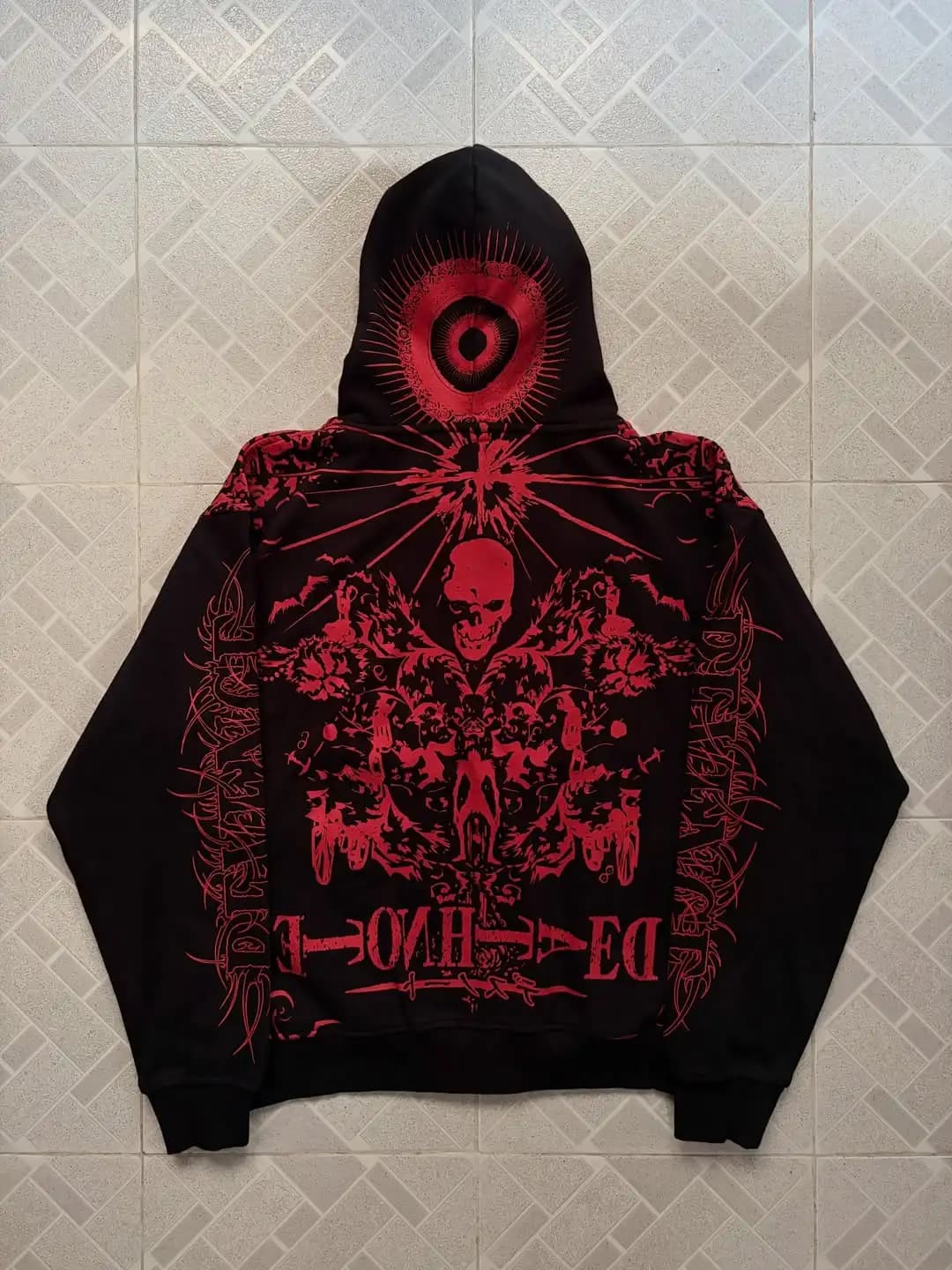 Mens Loose Long Sleeve Streetwear Hooded Sweatshirt Gothic Black Full Zip Hoodie Red Skull Heart Pattern Print and Letter Design