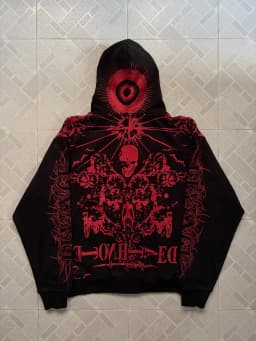 Mens Loose Long Sleeve Streetwear Hooded Sweatshirt Gothic Black Full Zip Hoodie Red Skull Heart Pattern Print and Letter Design
